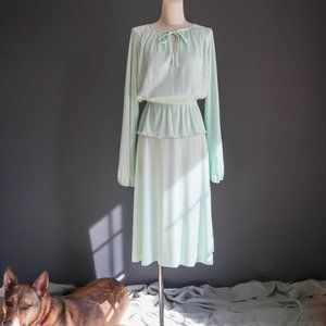70's Peplum Micro Pleat Long Sleeve Secretary Dress